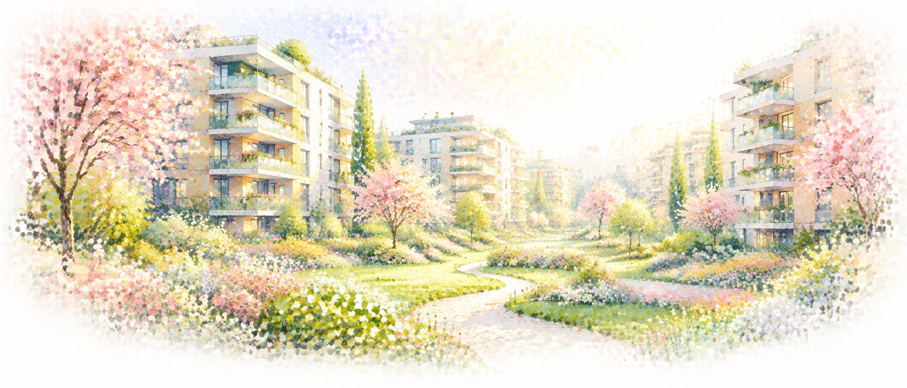 Edificios residenciales entre jardines en flor